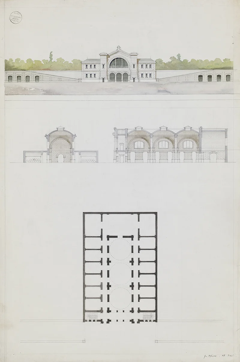 Jules-Germain Olivier (French, 1869-1940), A winery: elevation, cross section and floor plan , c. 1890, watercolor on paper, 38 3/4 x 25 3/4”