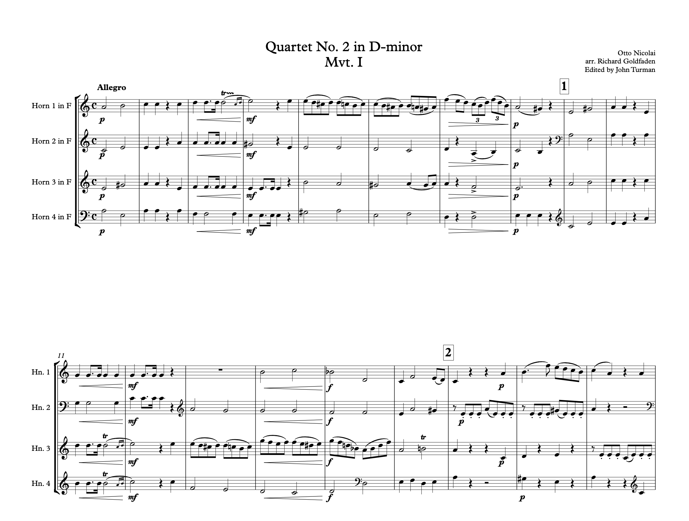 Nicolai | Horn Quartet No. 2 in D-minor | Realization Arrangement | From Duet No. 2
