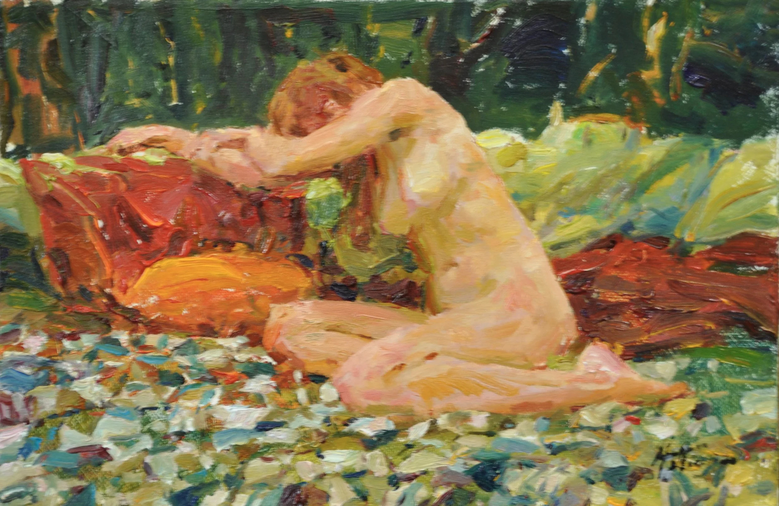 Orange Pillow On Craxy Quilt 9x12 $760 unframed.jpg