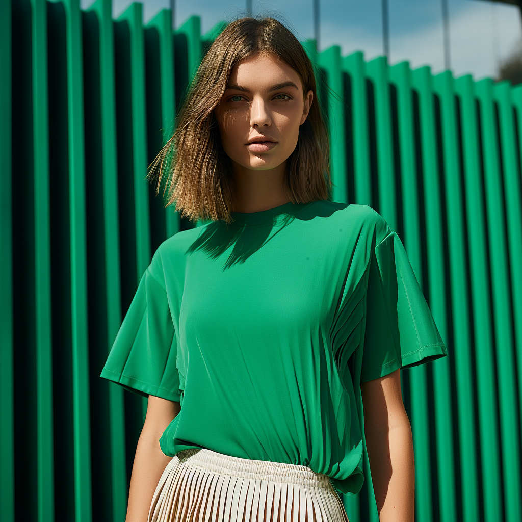 AI-generated image of a woman wearing a green top against a matching green background, representing the kind of strong fashion brand identity that drives customer loyalty and repeat customers.
