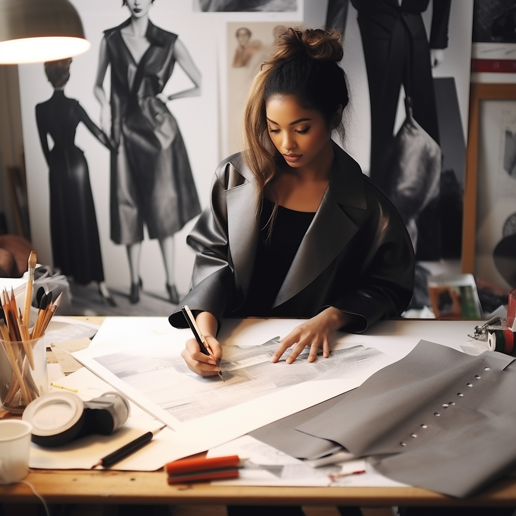 AI-generated image of a fashion designer sketching collection concepts in a studio surrounded by fabric, tools, and moodboards—illustrating the hands-on creative process taught in the Fashion Startup Online Course.