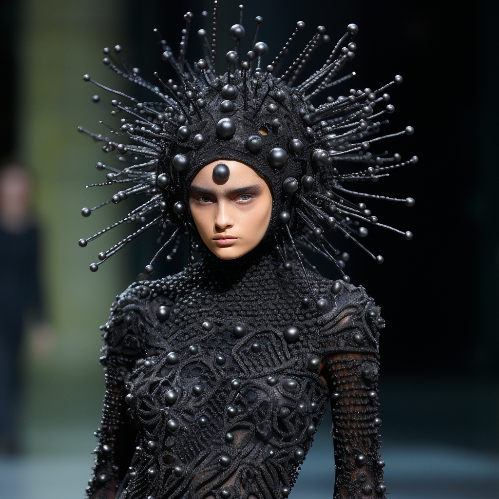 AI-generated image of a fashion model on the runway wearing an avant-garde black textured dress and dramatic headpiece