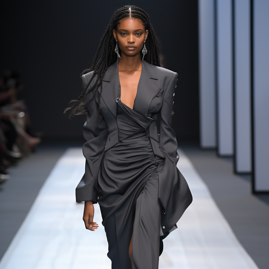 AI image of a runway model wearing a draped black blazer dress, representing fashion collection design and market positioning for a womenswear brand.