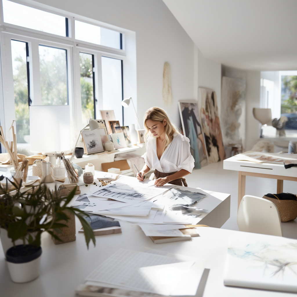 Fashion brand founder sketching designs at her studio desk surrounded by mood boards and fabric samples - AI generated
