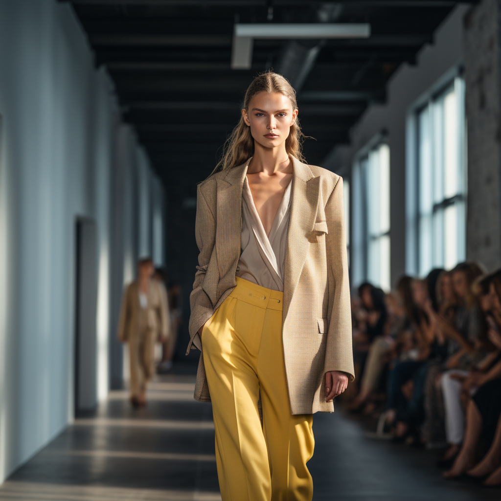 AI image of a runway look with modern tailoring, representing designing a fashion collection that feels cohesive and commercially viable.