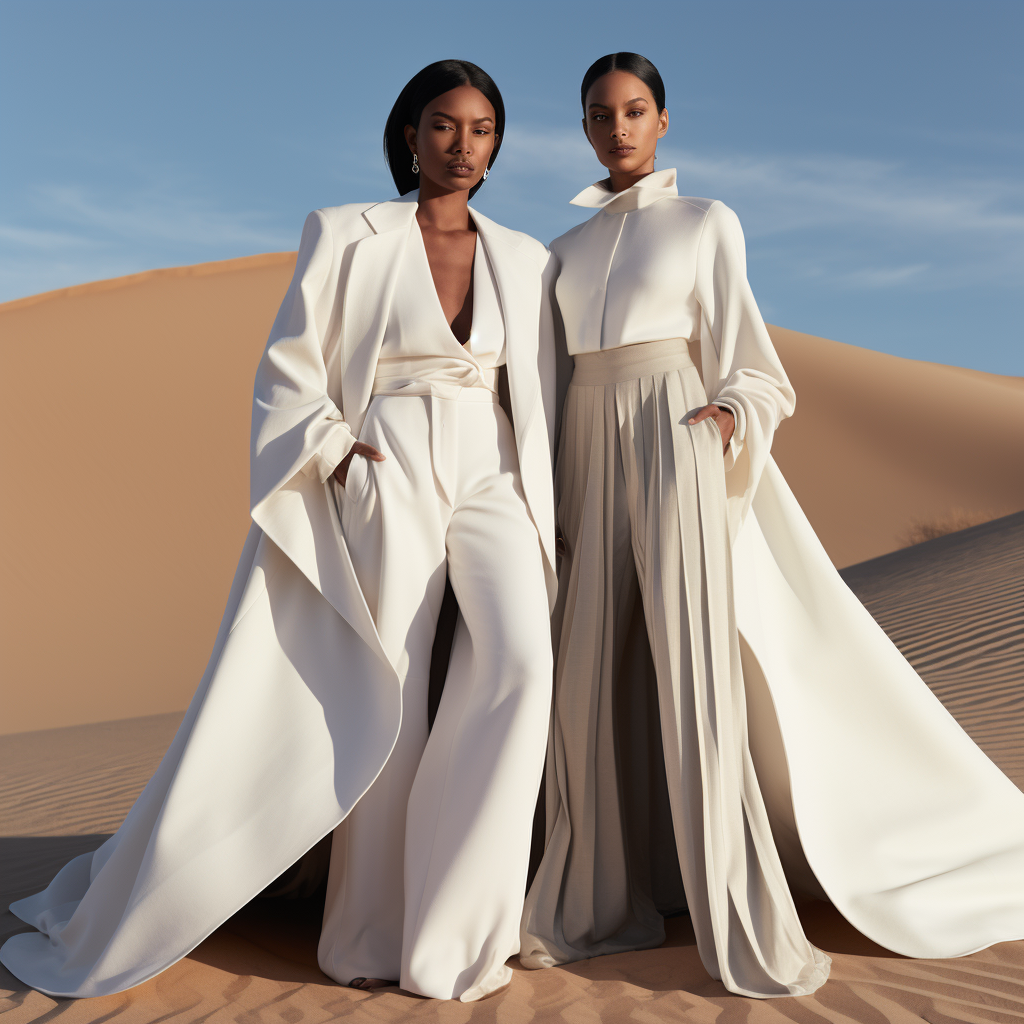 AI image of two fashion models in elegant neutral outfits in a desert campaign shoot, representing designing a fashion collection with cohesive range styling.