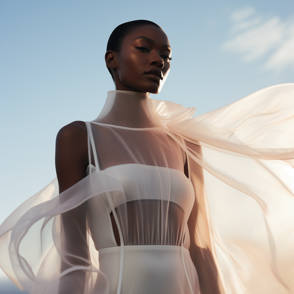 AI image of a fashion campaign photoshoot featuring a model in a minimalist white designer outfit.