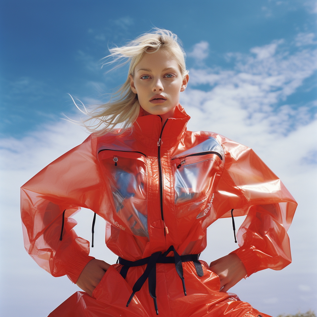 AI-generated image of a woman in a red technical jacket photographed against a blue sky, representing the bold, confident energy of a fashion brand ready to scale.
