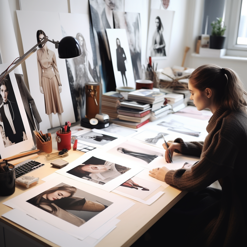 AI-generated image of a fashion brand founder working at a studio desk surrounded by sketches, mood boards, and fabric swatches, representing the behind-the-scenes reality of building a fashion brand growth strategy.