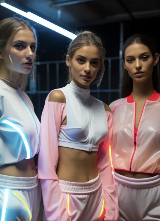AI image of fashion models in futuristic styling and statement garments, representing fashion collection creative direction and brand positioning.
