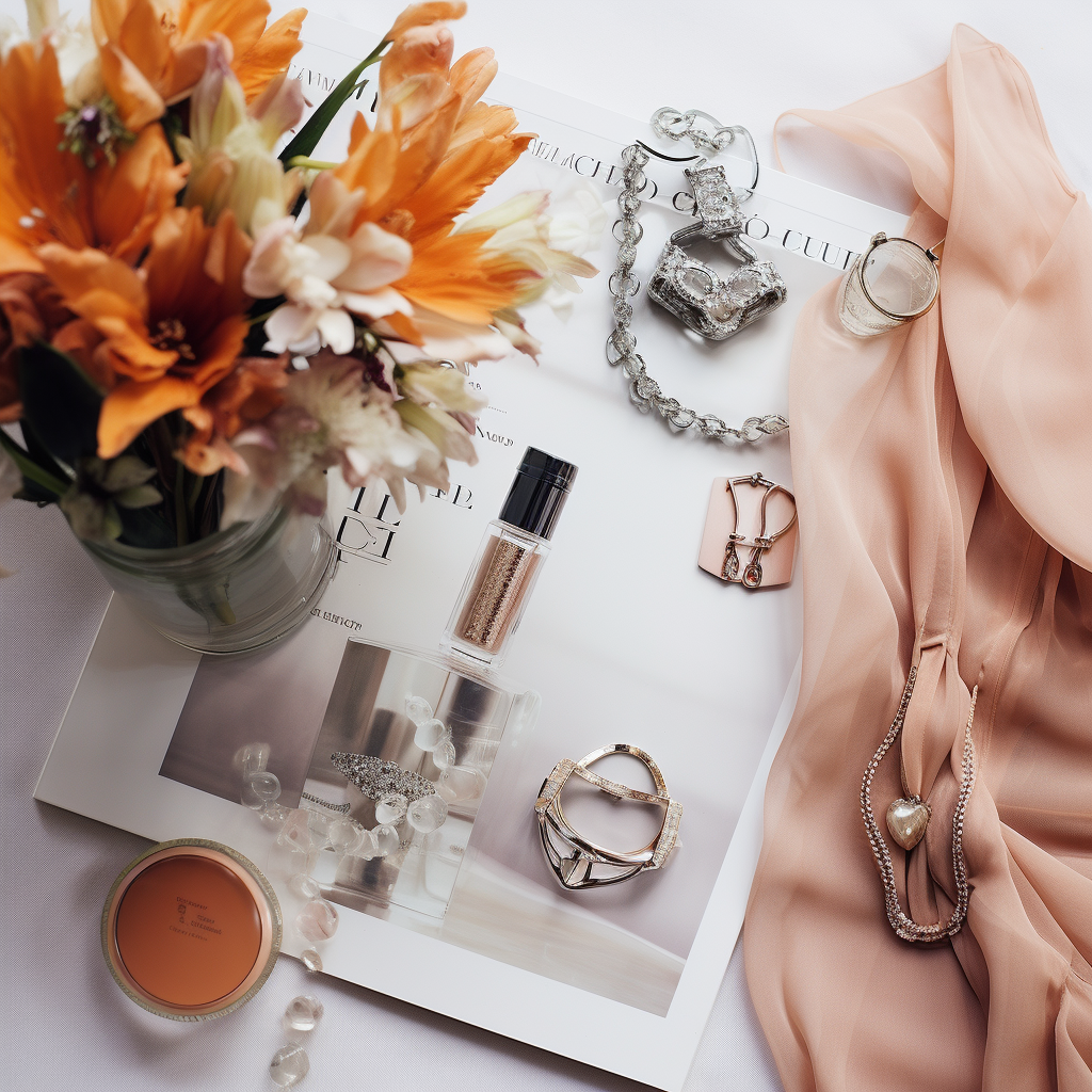 AI-generated flat lay of fashion and beauty accessories including silk fabric, jewellery, and perfume on a white surface, representing the premium fashion brand experience that builds customer retention and lifetime value.
