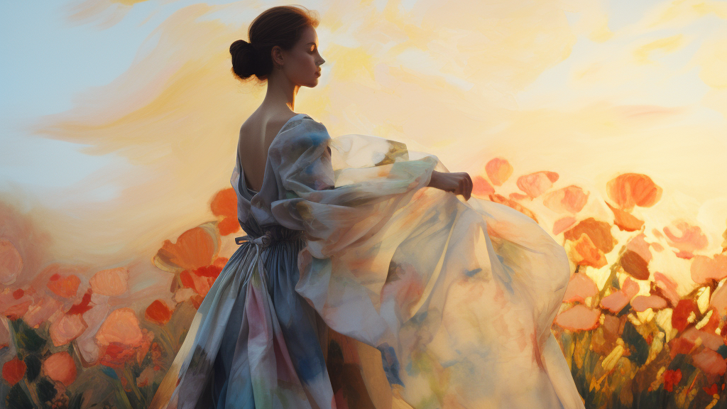 AI-generated image of a woman in a flowing sheer dress against a warm sunset sky with soft floral tones