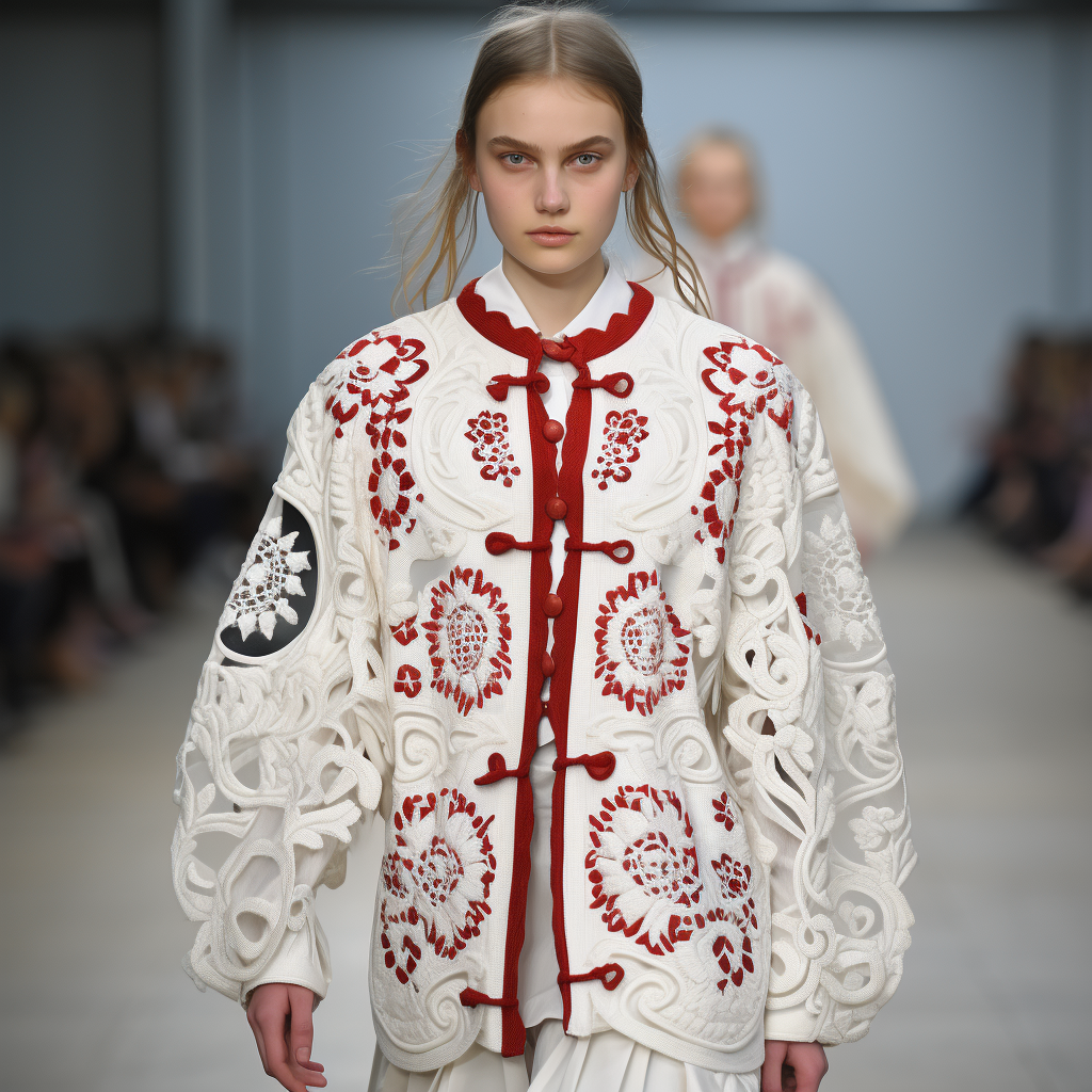 AI-generated image of a fashion model walking the runway in a white and red embroidered coat with cut-out detailing—highlighting craftsmanship and bold fashion design, themes explored in the Fashion Startup Online Course.