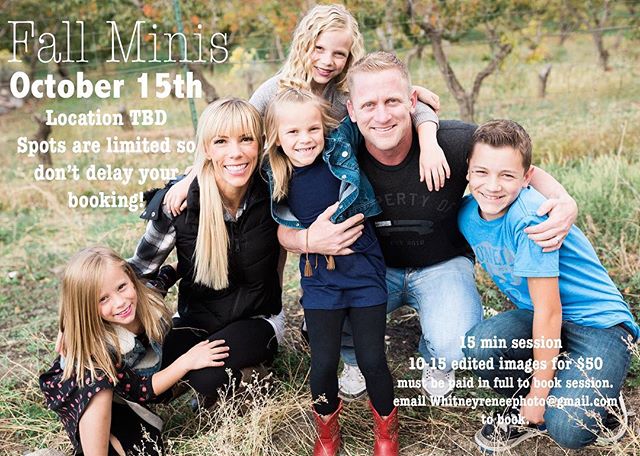 If you are in or near the Utah County area and want a quick update of your family picture, or just want one to send out for your Christmas cards....sign up for a mini session!  Details above. 
Ps check out @sjanedevore awesome fam 🙌 
#utahfamilyphot