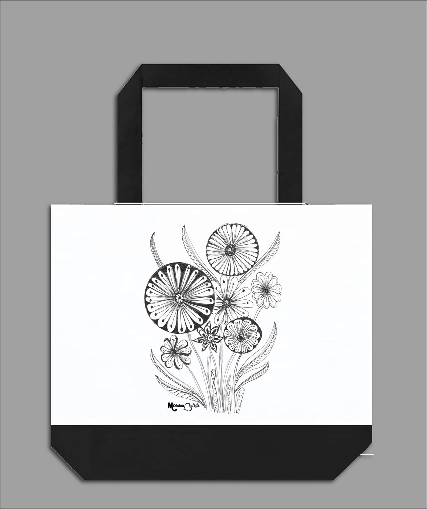 "BW Round Flower" Large Tote Bag - Two-Tone 18" Canvas Tote