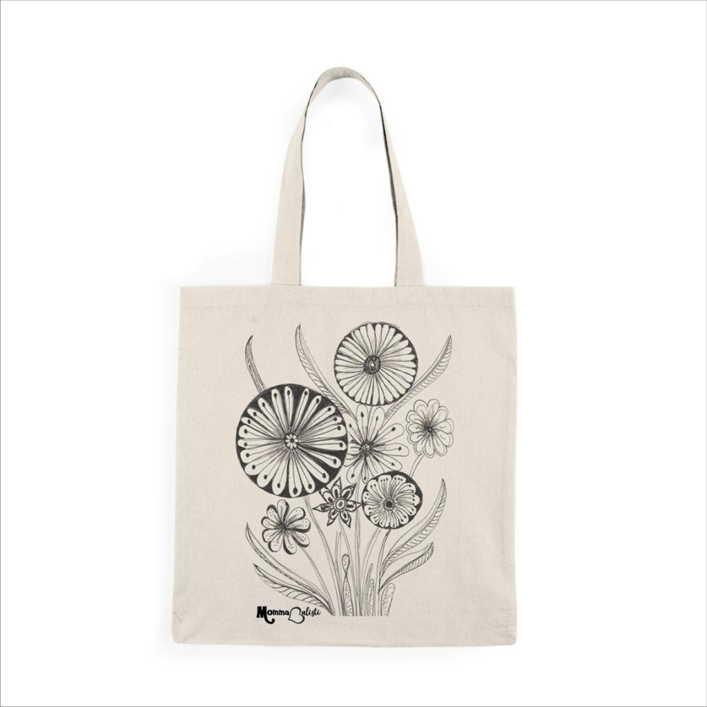 "BW Round Flower" Small Tote Bag - 15 Inch Canvas Tote