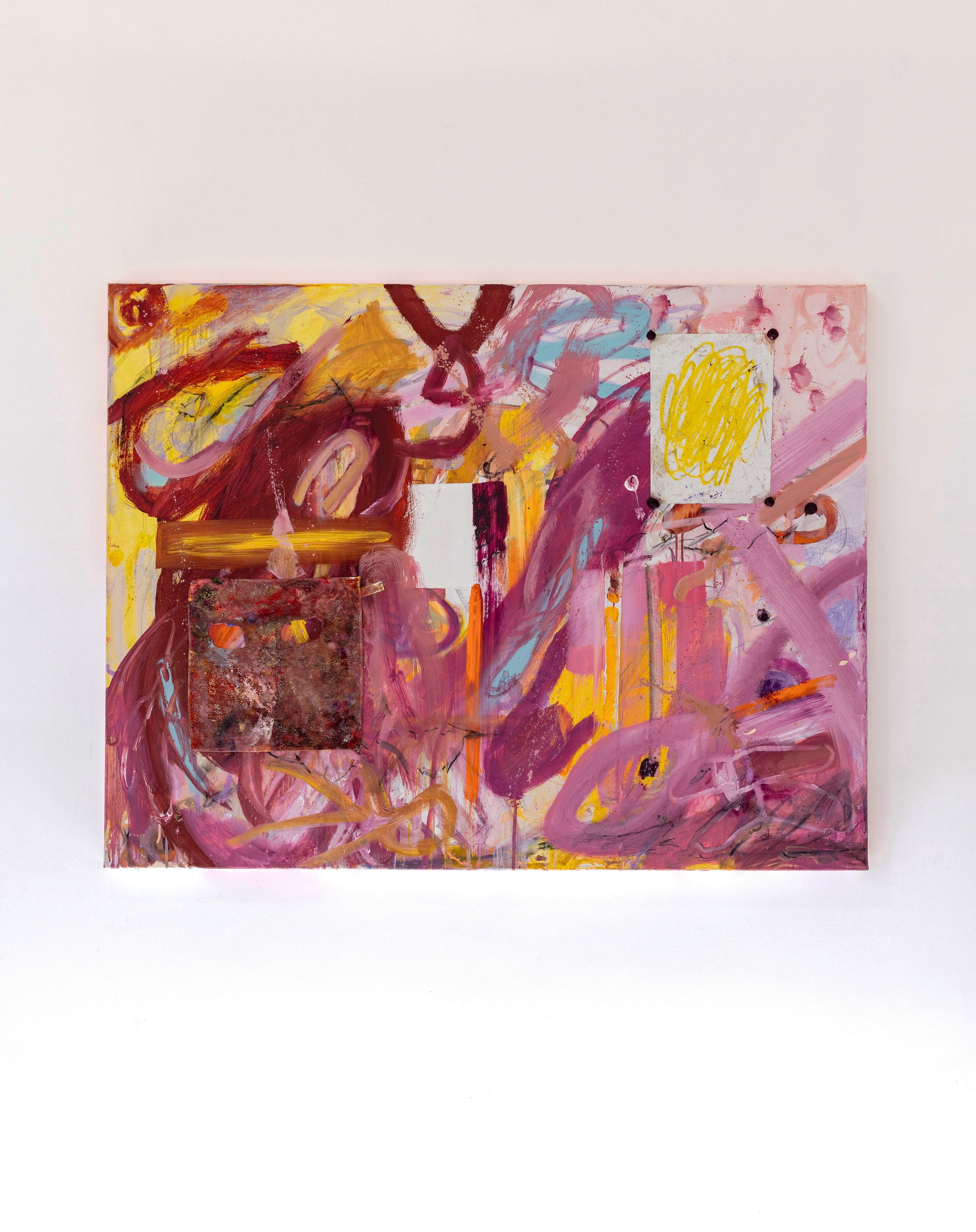 'OUT OF THE QUESTION,' 2023–25. Oil, oil stick, spray paint, charcoal and collage on canvas. 100 x 130cm