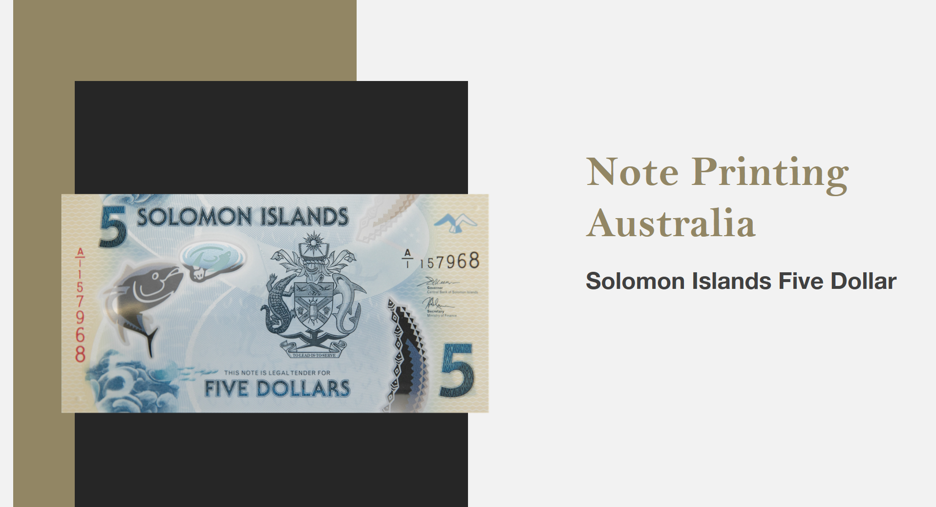 SOLOMON ISLANDS $5 WINS PRINTING EXCELLENCE GOLD MEDAL