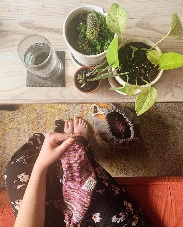 If I surround myself with plants and drink from my @kickapoocoffee glass can I pretend that I&rsquo;m knitting at @kickapoocoffeemke?? Even if I&rsquo;m barefoot, watching Bones, and in full quarantine mode?? I think the answer is yes, especially whe