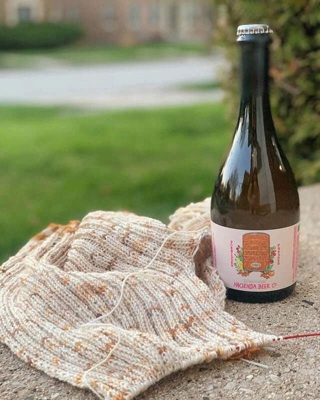 Sunny Sunday&rsquo;s are for Porch Knitting and Beer 🍻 #haciendaathome .
.
My ripple crop top is flying off of the needles and with the warmer temps I can&rsquo;t wait to wear it!