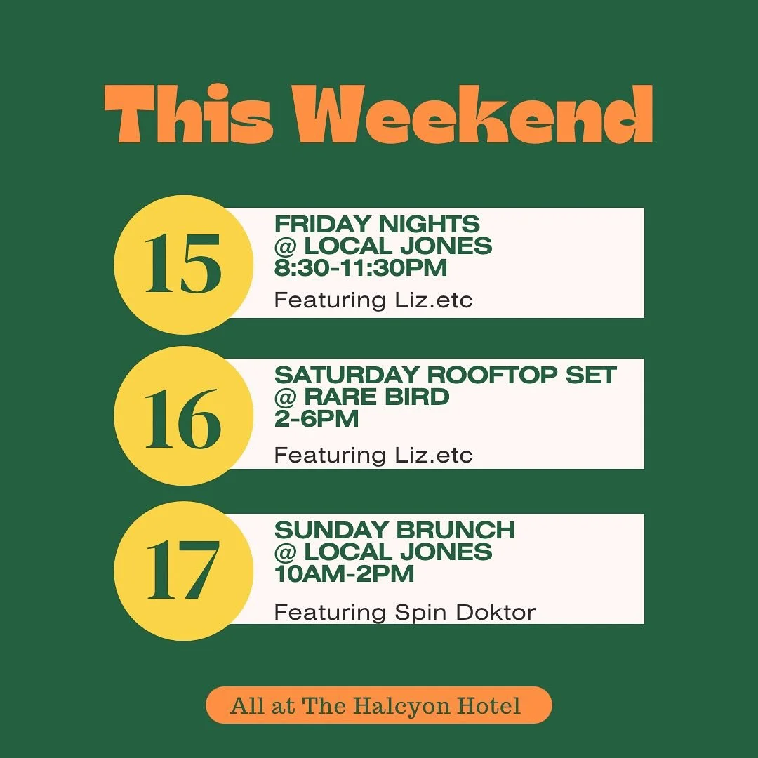 This weekend is STACKED! Come join us at the @halcyoncherrycreek for live DJs featuring @liz.etc and Simon &ldquo;Spin Doktor&rdquo;. See you there!