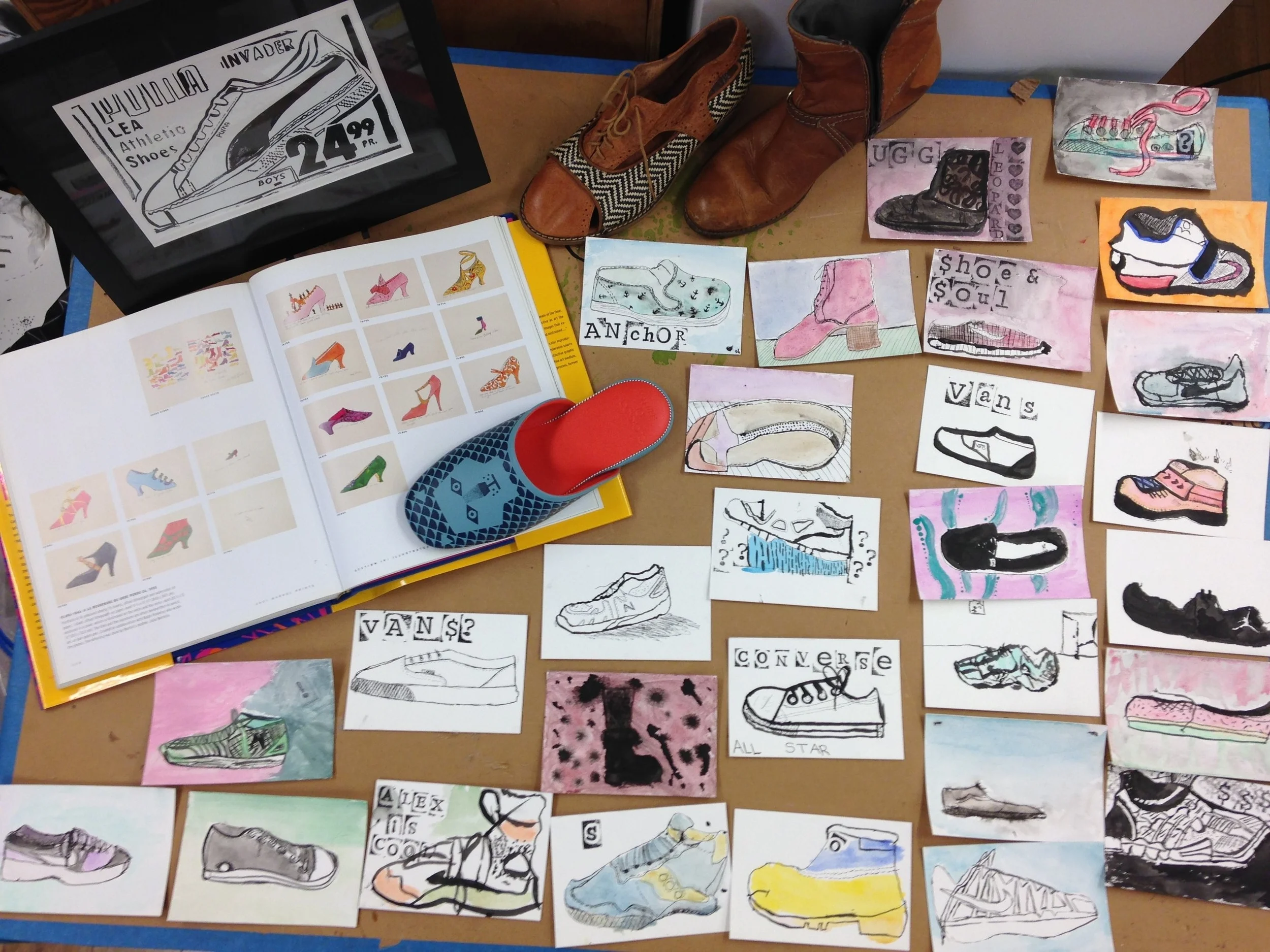 Drawings of shoes after Warhol at Oakwood School Open House, North Hollywood, CA, 2015