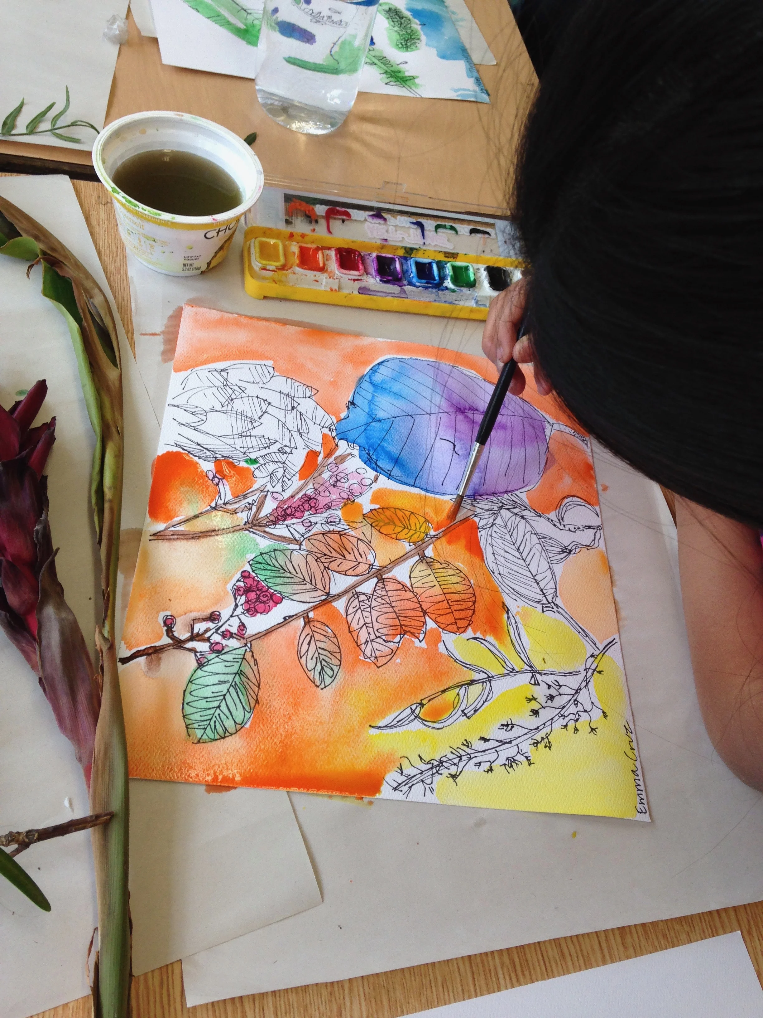 Students learn about color theory and create botanical drawings with ink and watercolor, Los Angles, CA, 2018