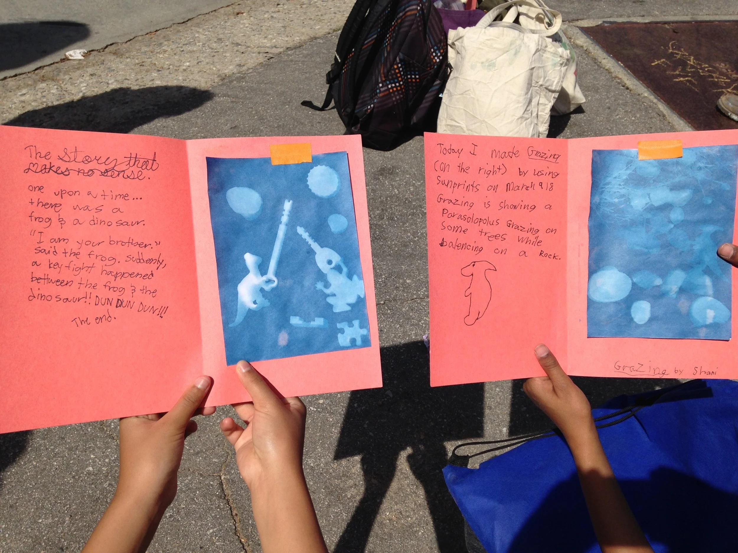 Artists display sunprints with found objects created during field trip to San Gabriel Mountains, Pasadena, CA, 2019