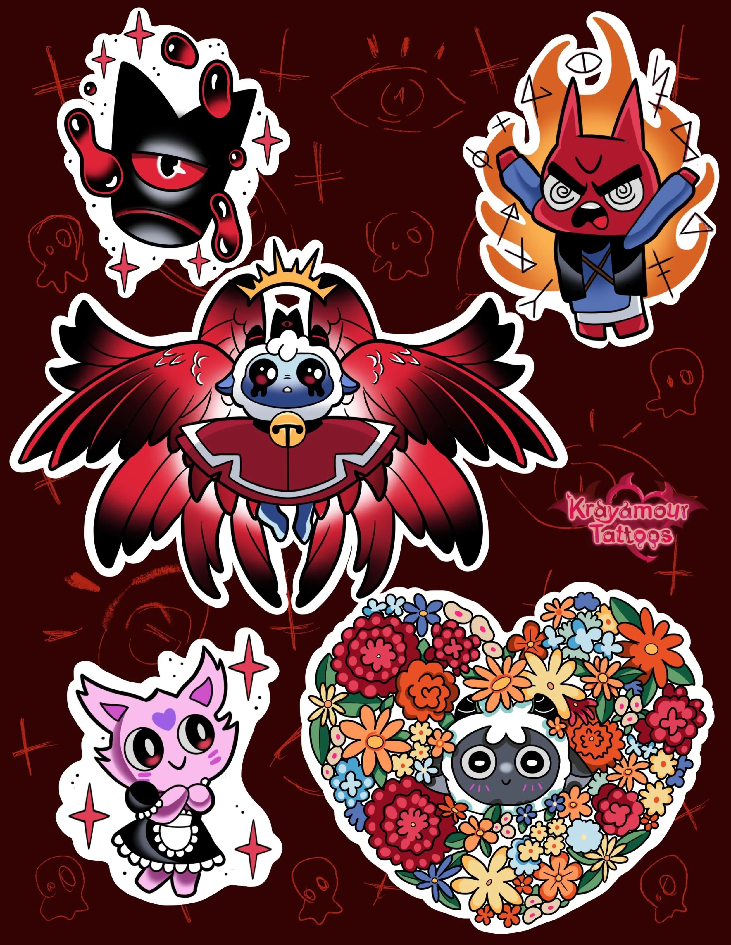 Cult of the Lamb flash sheet 🐑🩸🔮
Fresh flash straight off the sacrificial alter 😌 loving this red aesthetic.

Available! Fill the form in my bio to book! 
SWIPE for B&amp;G

#cultofthelamb #videogametattoo #tattooflash #cultofthelambtattoo #geekt