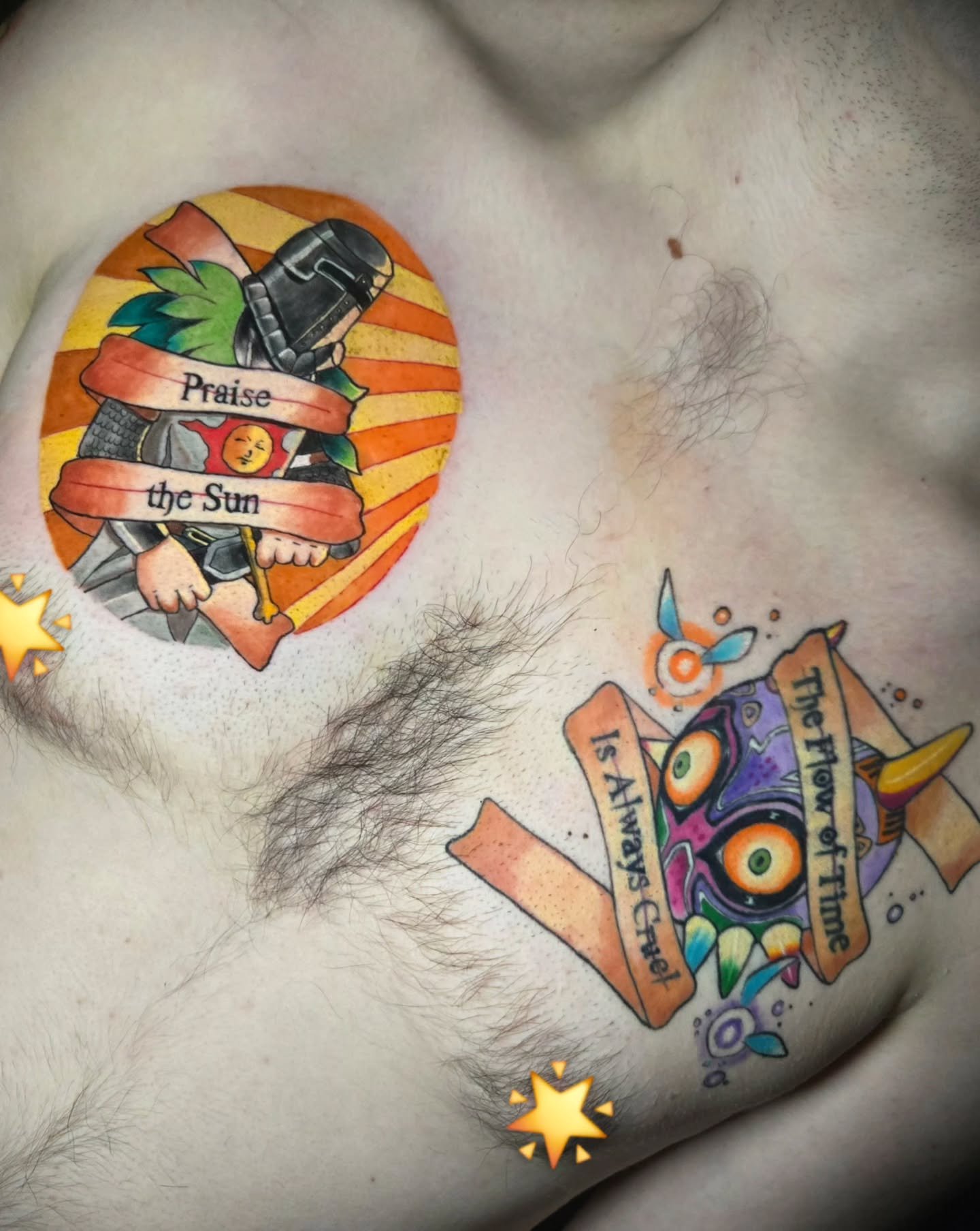 🔆 Fresh Solaire, healed Majora's Mask 🧚&zwj;♀️
So happy i got to try two iconic pieces!!
.
Just started playing Dark Souls 3 on my Twitch stream so id definetly be down for more Dark Souls tattoos!
.
DM or fill the form in my bio for your next vide