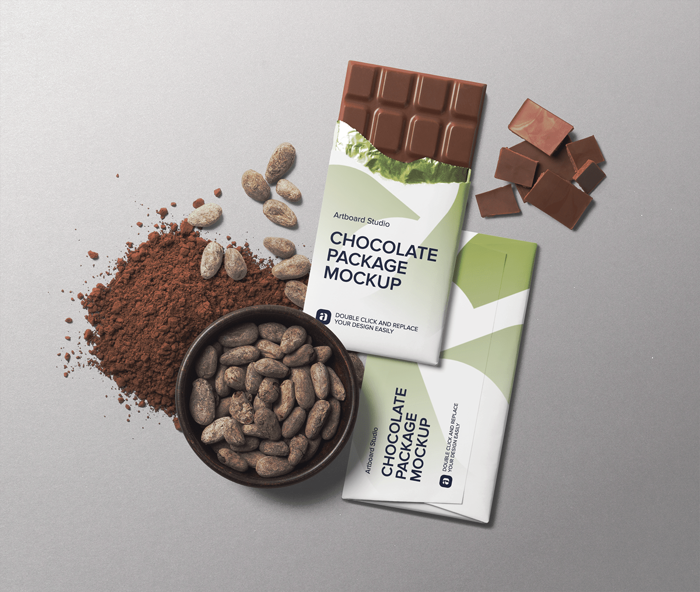 Download Chocolate Package And Cacao Beans Mockup Scene
