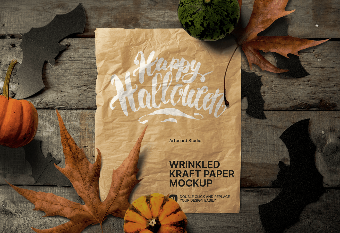 Download Halloween Themed Wrinkled Kraft Paper Mockup Scene