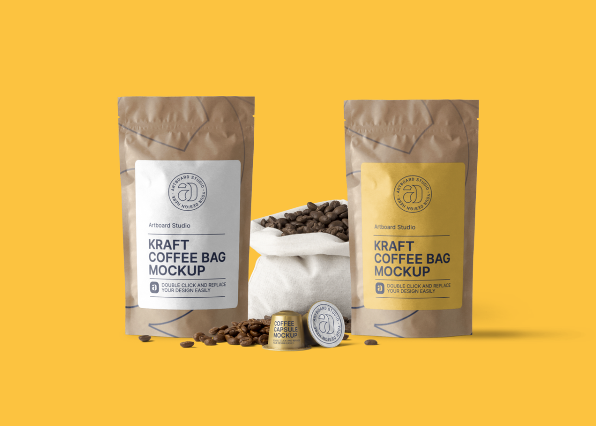 Download Kraft Coffee Bag Package Mockup Scene
