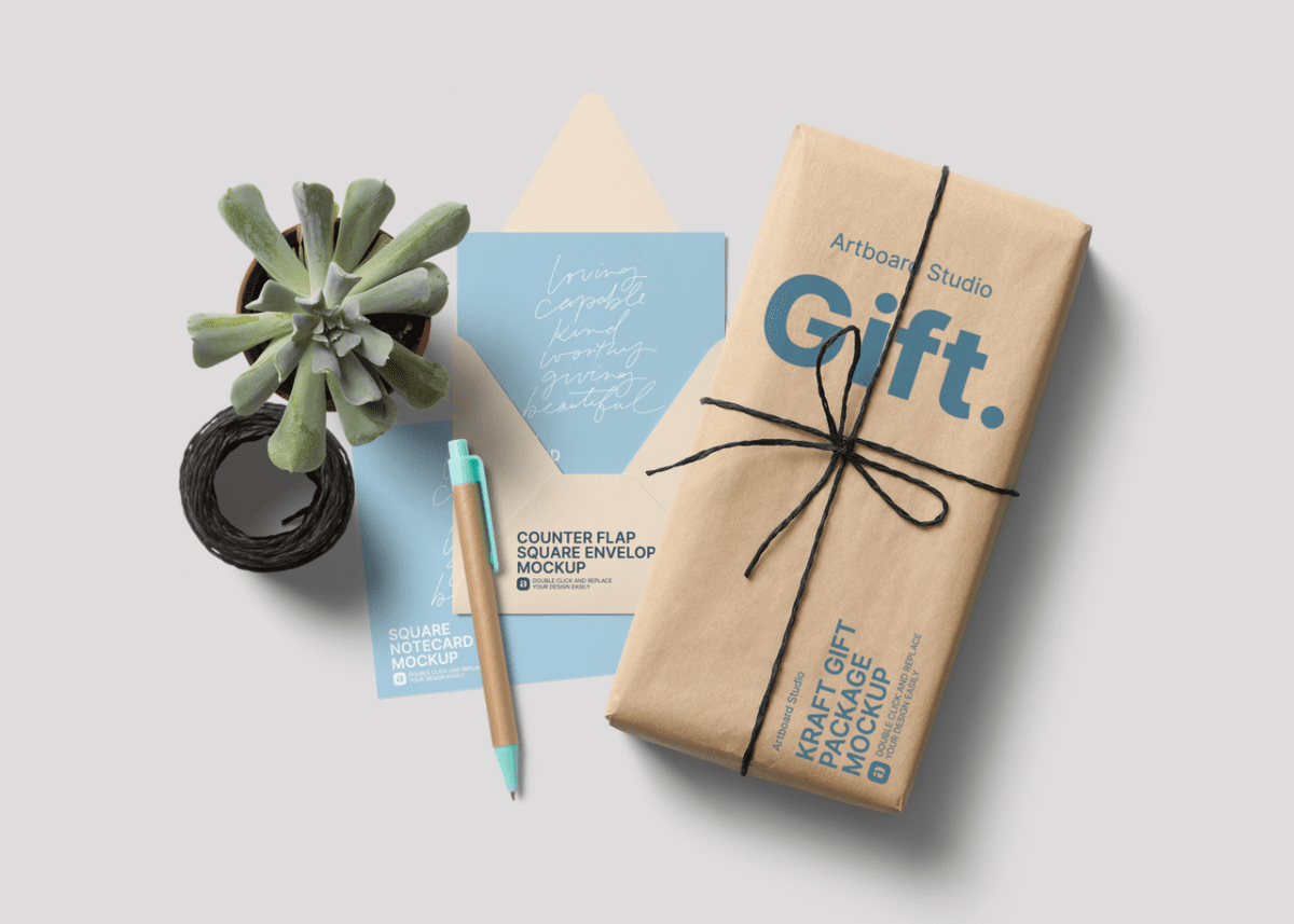 Download Wrapped Gift Package And Notecards With Envelope Mockup Template