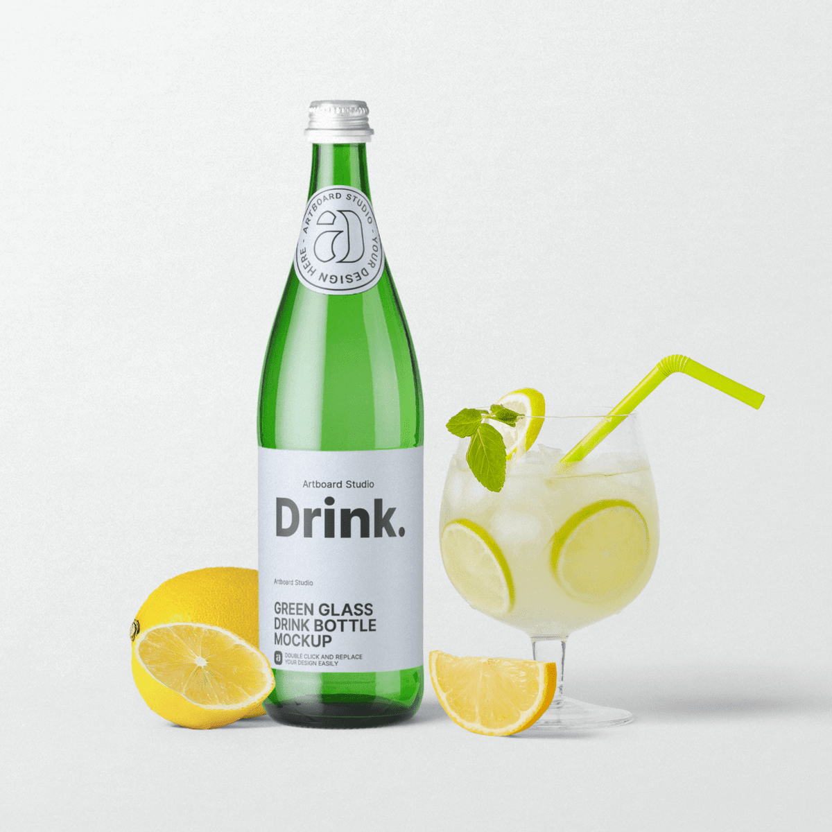 Download Green Glass Drink Bottle Mockup Template