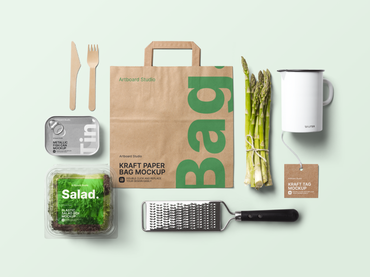 Download Organic Food Packaging w/Kitchen Products Mockup Template