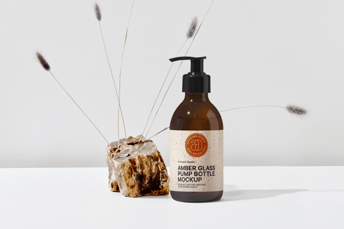 Download Minimal Amber Glass Pump Bottle Mockup Template
