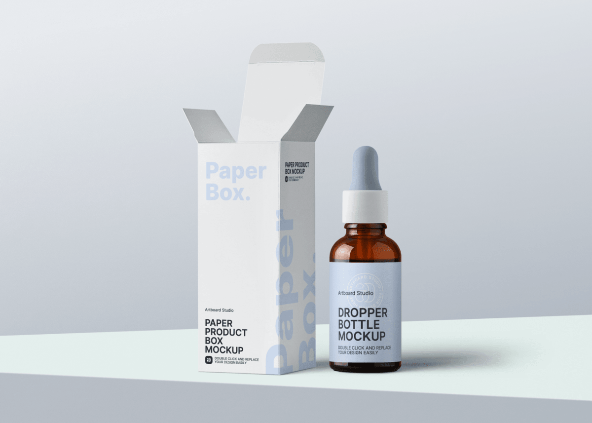 Download Amber Glass Dropper Bottle W Paper Box Mockup Template