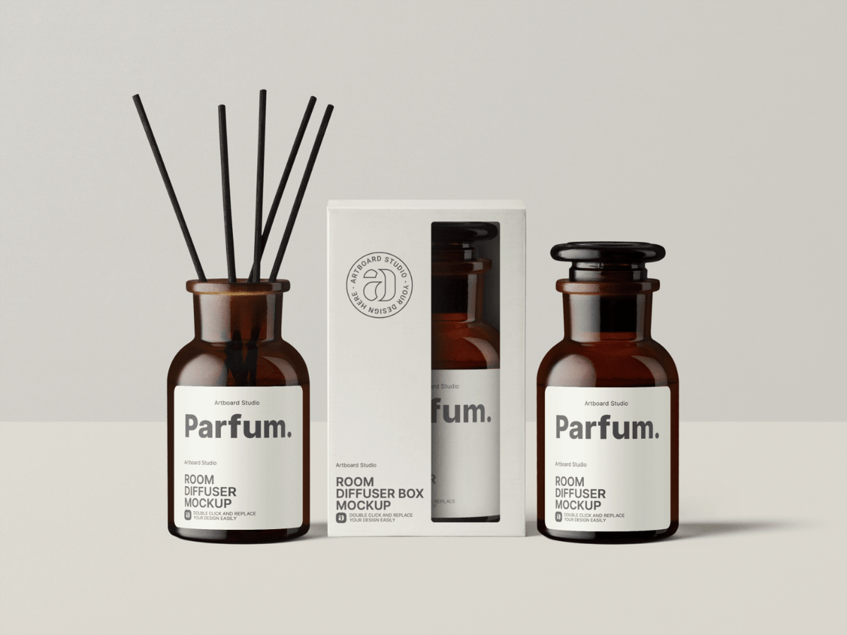Download Room Diffuser Amber Bottle Mockup Template