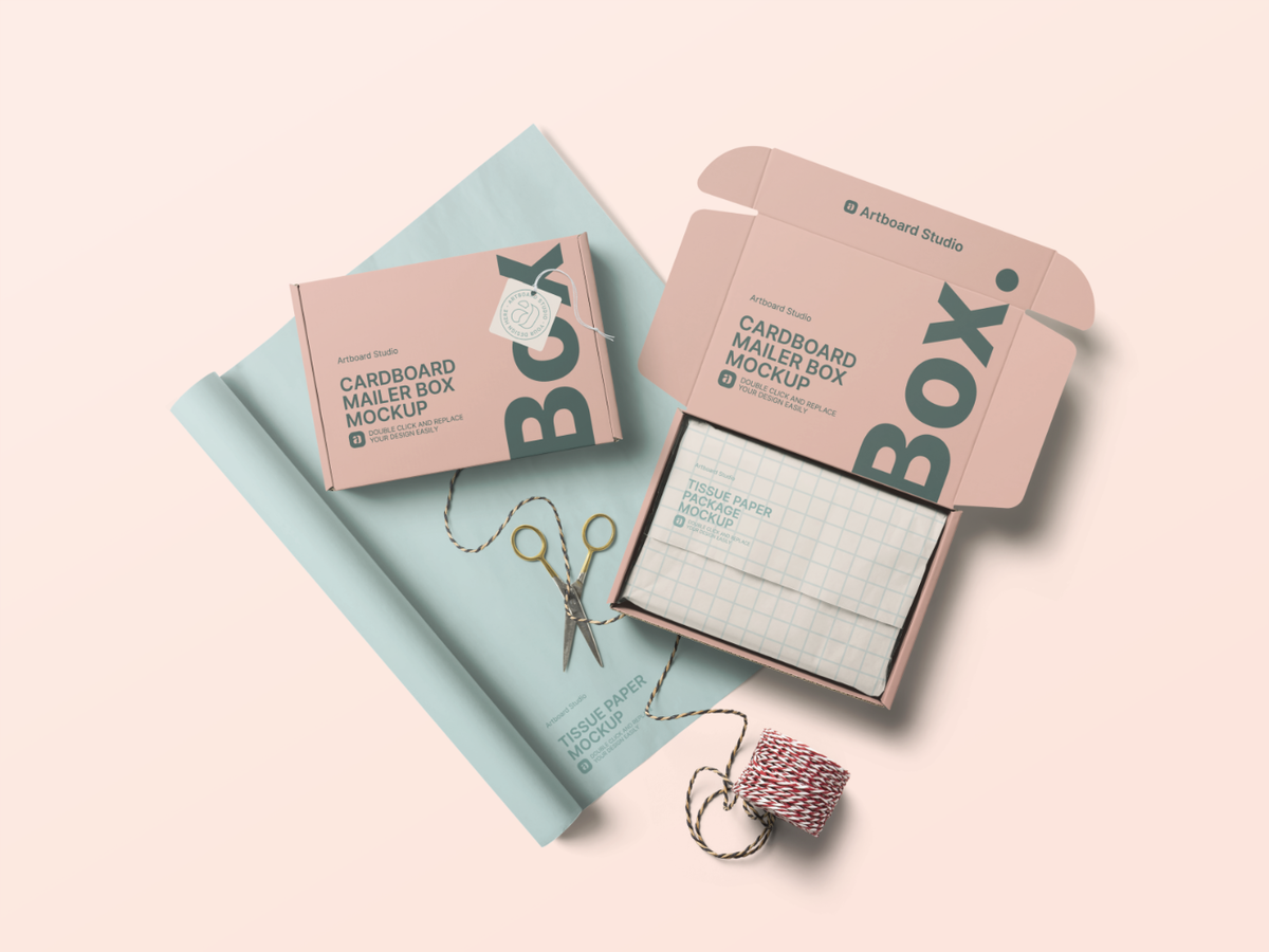 Download Cardboard Mailer Box Wrapping Tissue Paper Mockup Template