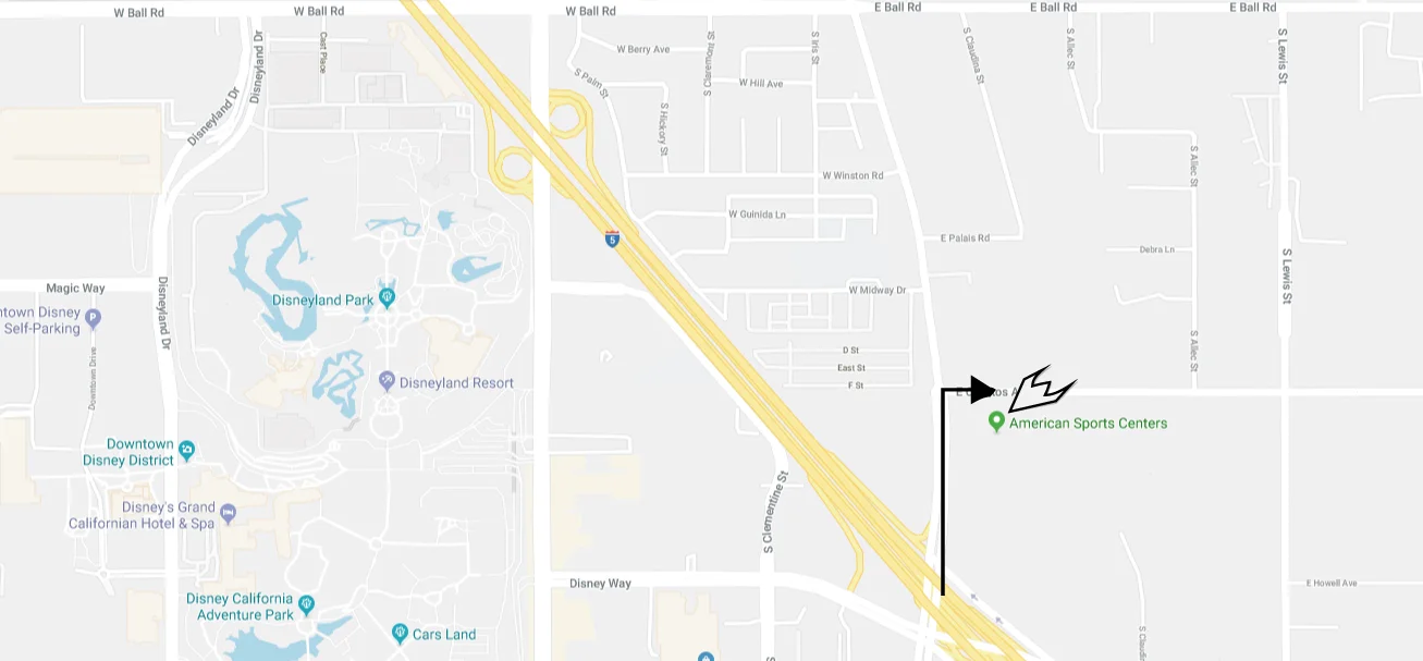 Exit Freeway 5 @Katella Ave/Disney Way/Civic Center/Disneyland Drive north on Anaheim Blvd Turn right @Cerritos Ave Turn immediate right into ASC parking lot