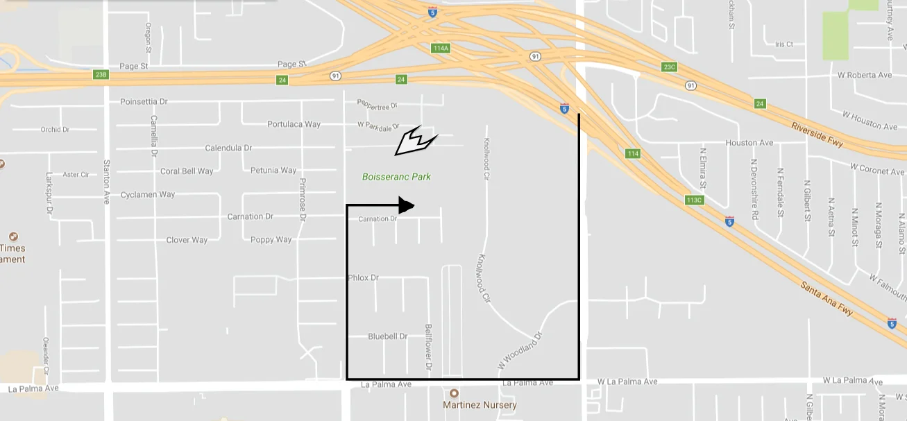 Exit Freeway 5 @Magnolia St Drive south on Magnolia St Turn right @La Palma Ave Turn right @Dale St Take the first right after Carnation Dr Go straight or take immediate left to park Walk toward the basketball courts