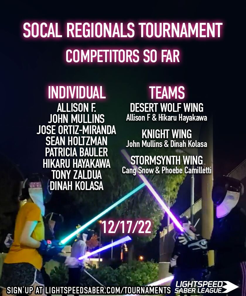 The #LightspeedSaber Southern California Regionals Tournament is coming up in JUST TWO WEEKS! This is our list of competitors so far, so make sure you sign up to join the ranks.

Sign up at https://LightspeedSaber.com/tournaments. 

#fencing #lightsa