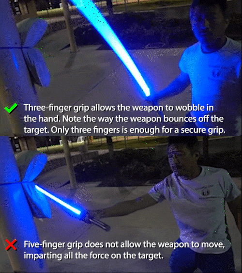 Relax your ring and pinky fingers just as you’re making contact on your attack. This allows the weapon to torque in your hand, reducing the attack force.