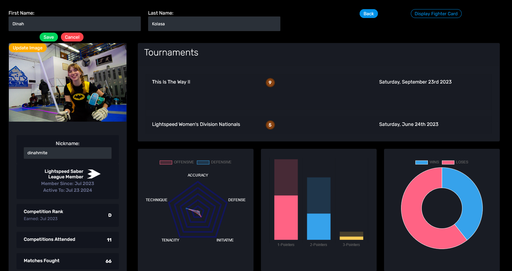  Personal profile pages include access to all tournament stats, like previous tournaments and win/loss ratios.  