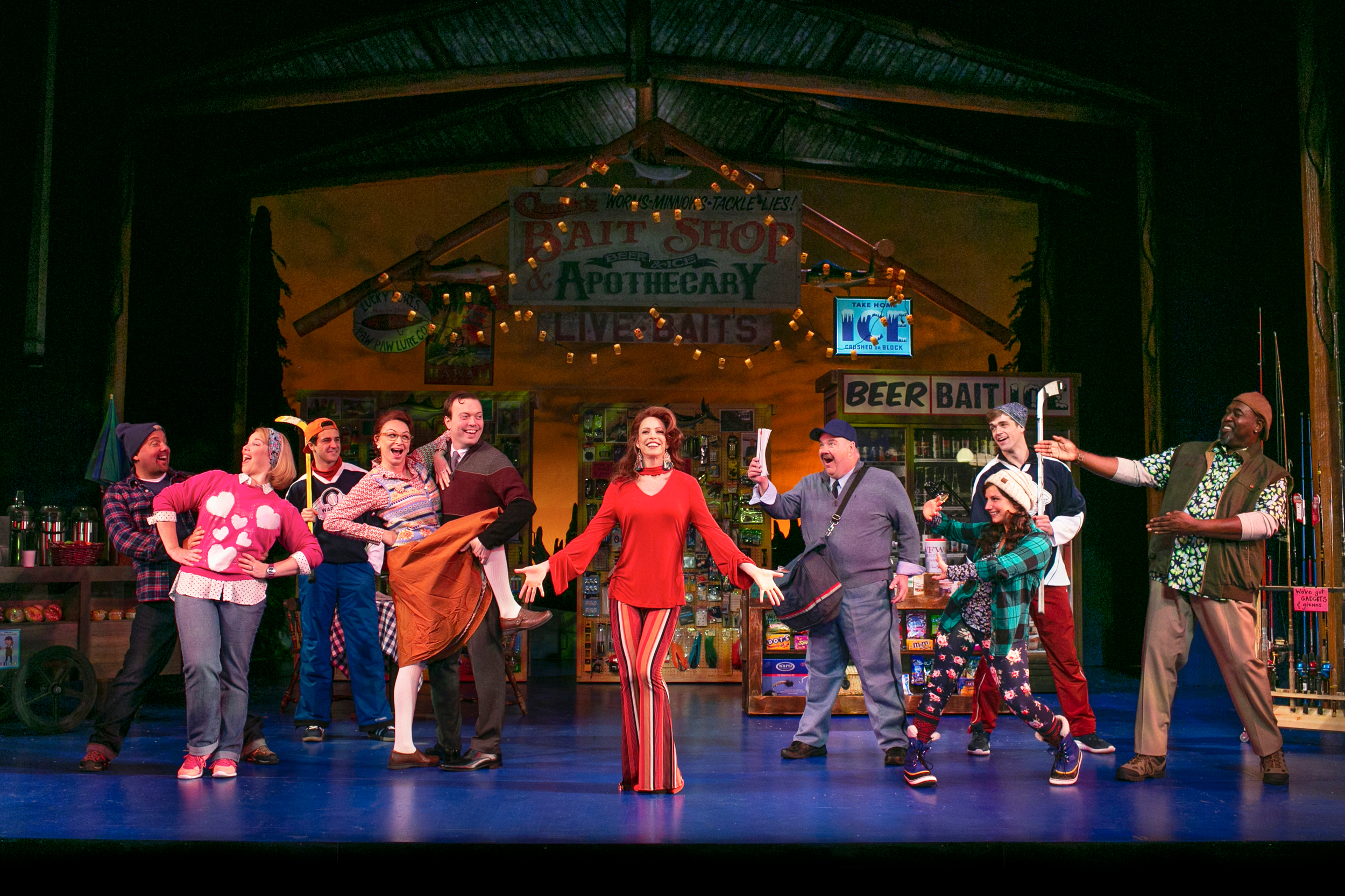 Eric Jon Mahlum, Heather Jane Rolff, John Battagliese, Christina Tompkins, James Taylor Odom, Leslie Stevens, Blake Hammond, Brooke Singer, Kelly Methven, and Doug Eskew in Grumpy Old Men the Musical at the Ogunquit Playhouse. Photo by Julia Russell.