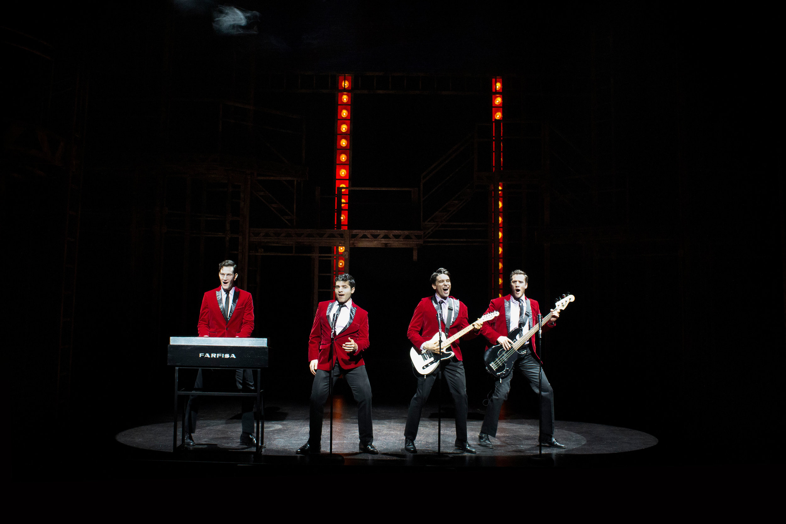  Andy Christopher, Jonathan Mousset, Matt Magnusson, and Matthew Amira in Jersey Boys at the Ogunquit Playhouse. Photo by Morgan Gavaletz LaMontagne 