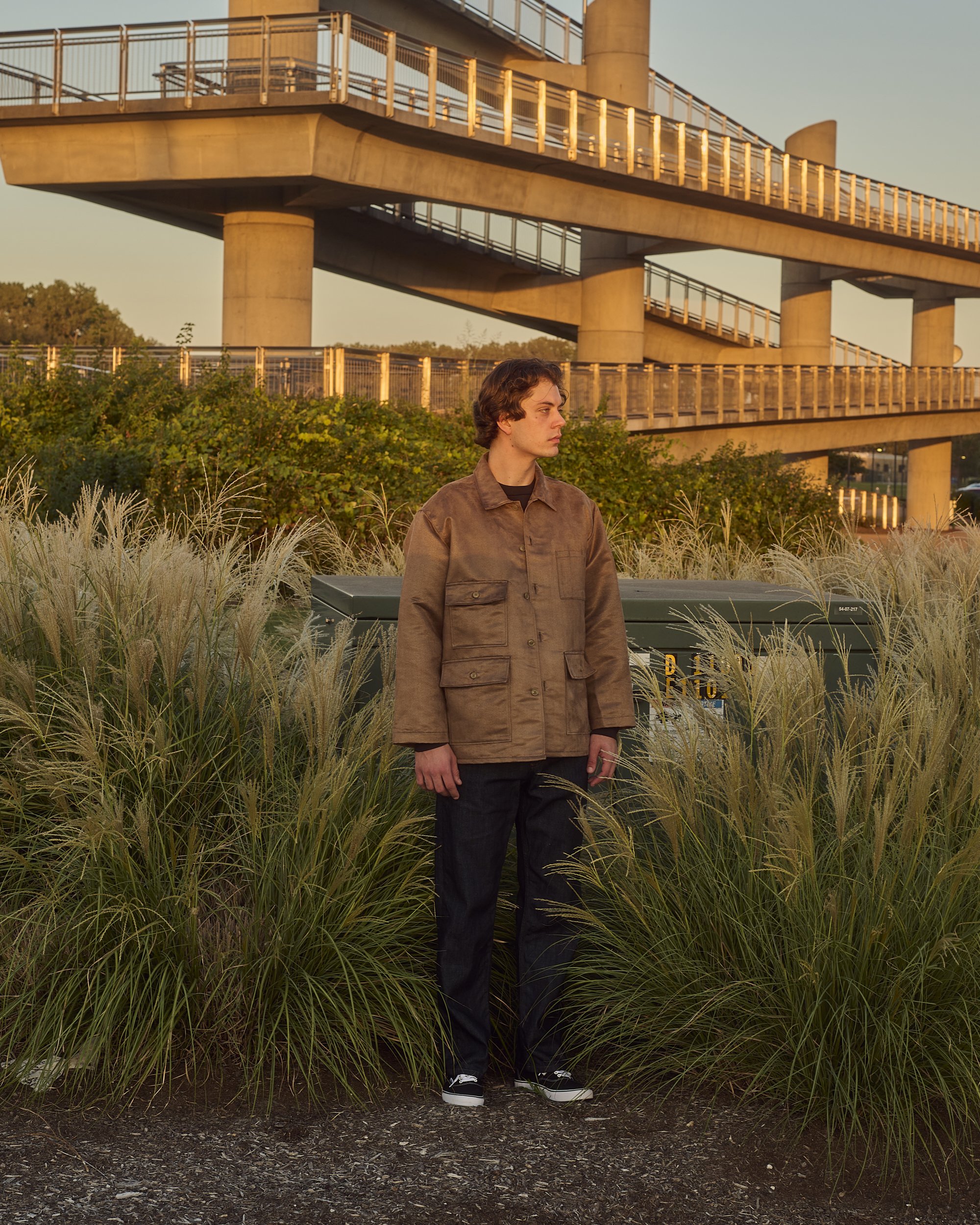 BA Shirt Jacket in Khaki Poly Suede — East • West 