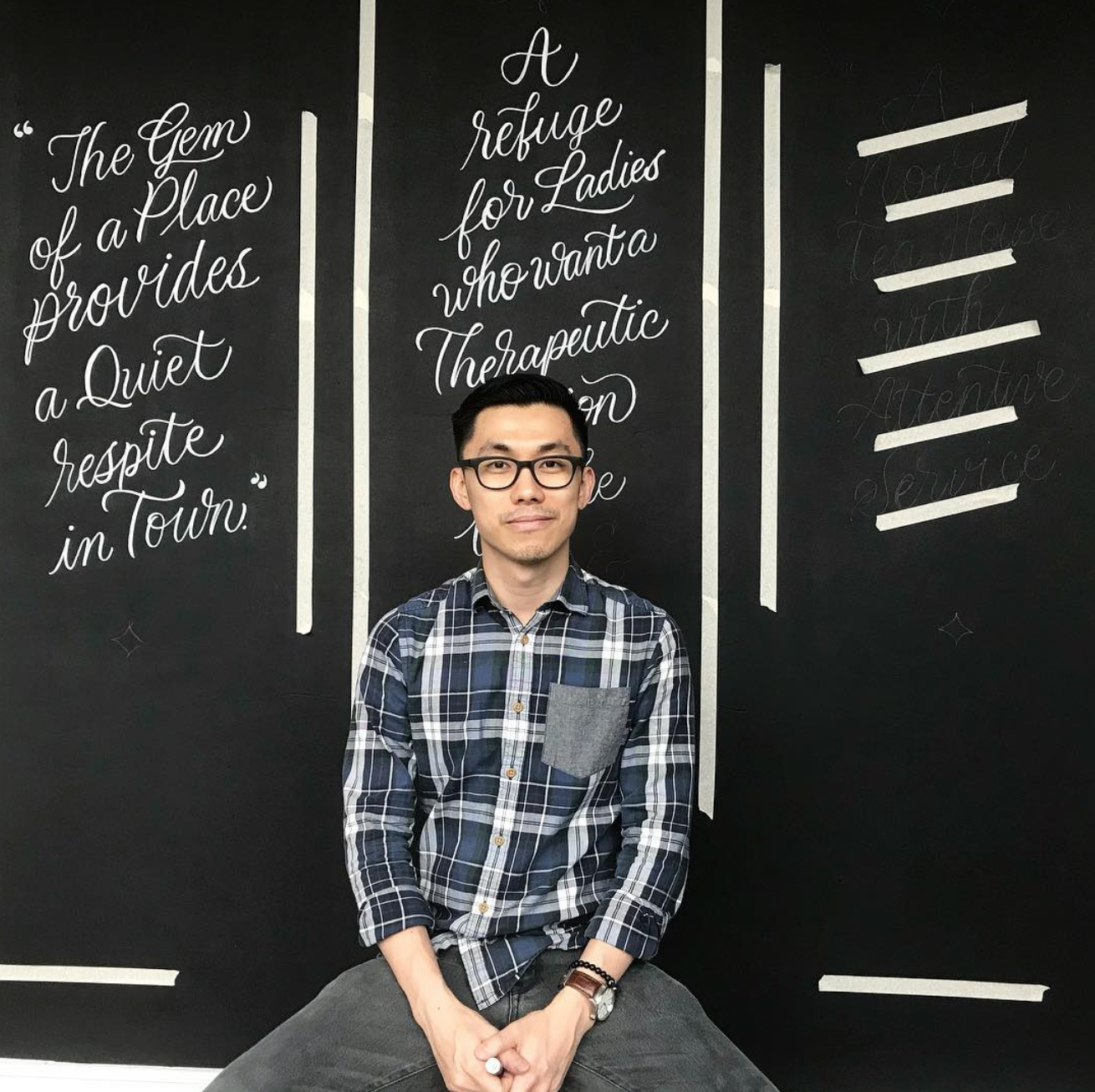 Nathaniel posing in front of his masterpiece now seen over at a boutique tea house, Arteastiq, located at both Plaza Singapura and Mandarin Gallery. 