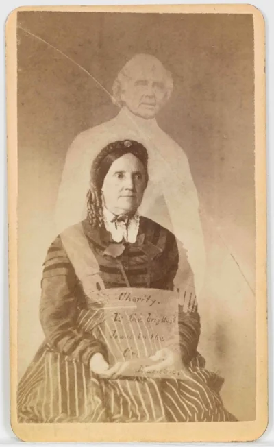 In this spirit photograph, produced by William Mumler’s studio in Boston, the sitter is presented with a note: “Charity, To the brightest jewel in the crown, Nathaniel.” Courtesy of the artist's archive.
